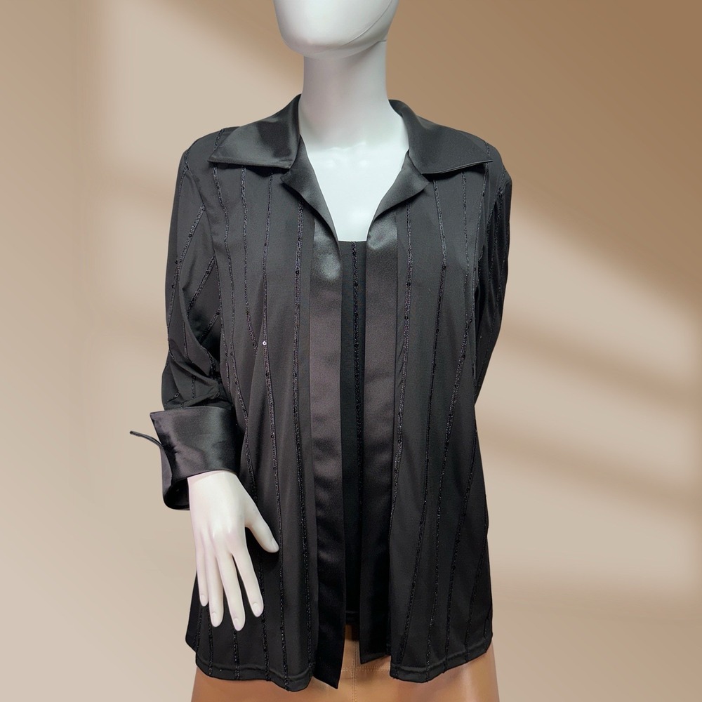 R&M Richards Jacket & Mock Tank Black Formal Combo Satin & Sequin Accents Sz 14W